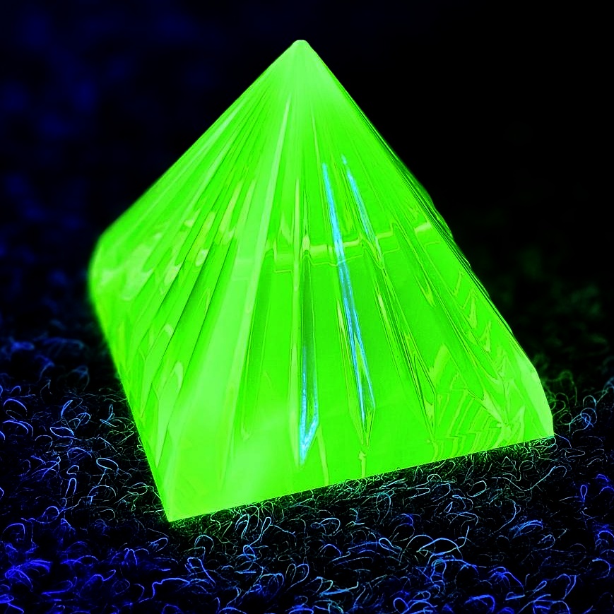 Pyramida vroubkovaná z uranového skla, 60x60x60 mm, svítící pod UV paprsky